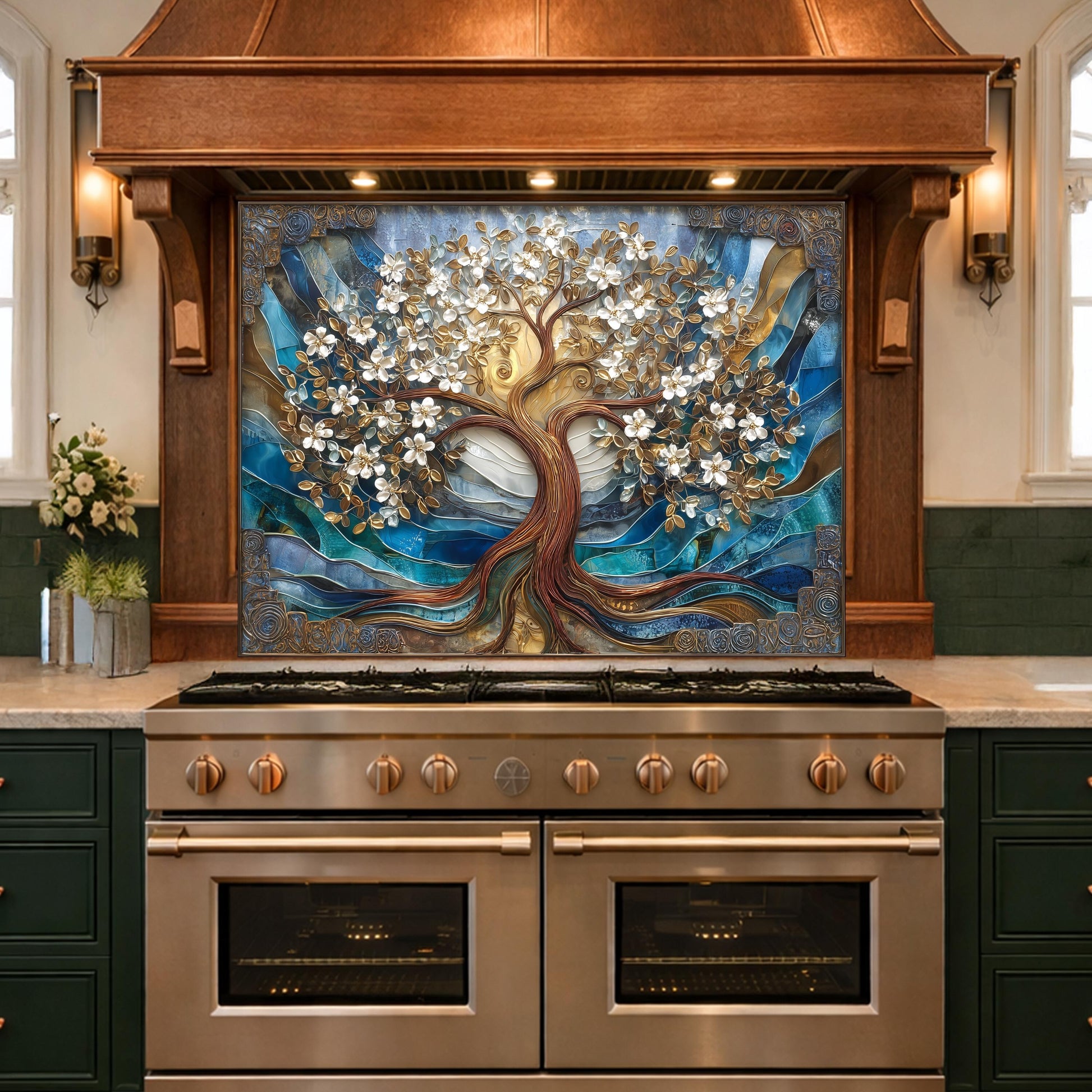 Tempered Glass Tree of Life Kitchen Panel, Blue Gold Floral Mosaic Splashback Behind Stove