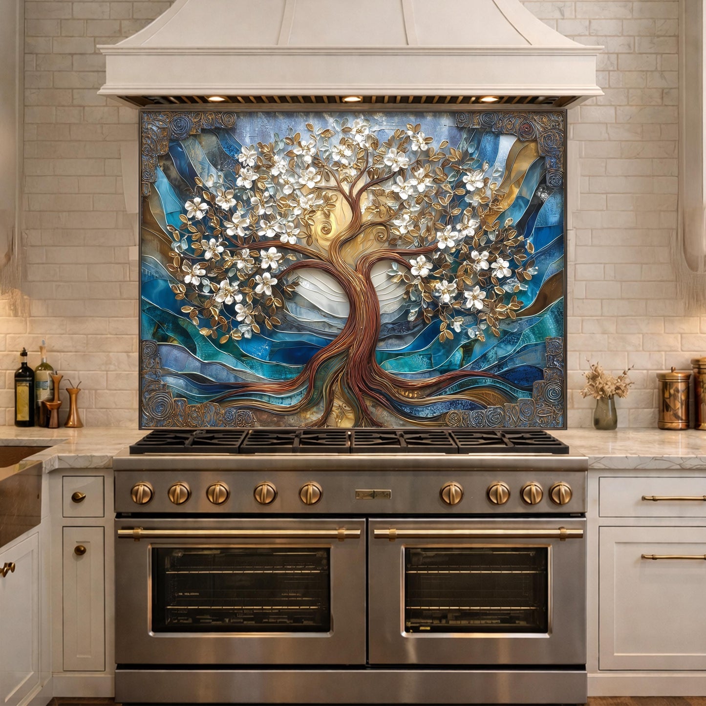 Tempered Glass Tree of Life Kitchen Panel, Blue Gold Floral Mosaic Splashback Behind Stove