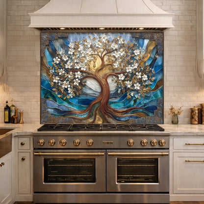 Tempered Glass Tree of Life Kitchen Panel, Blue Gold Floral Mosaic Splashback Behind Stove