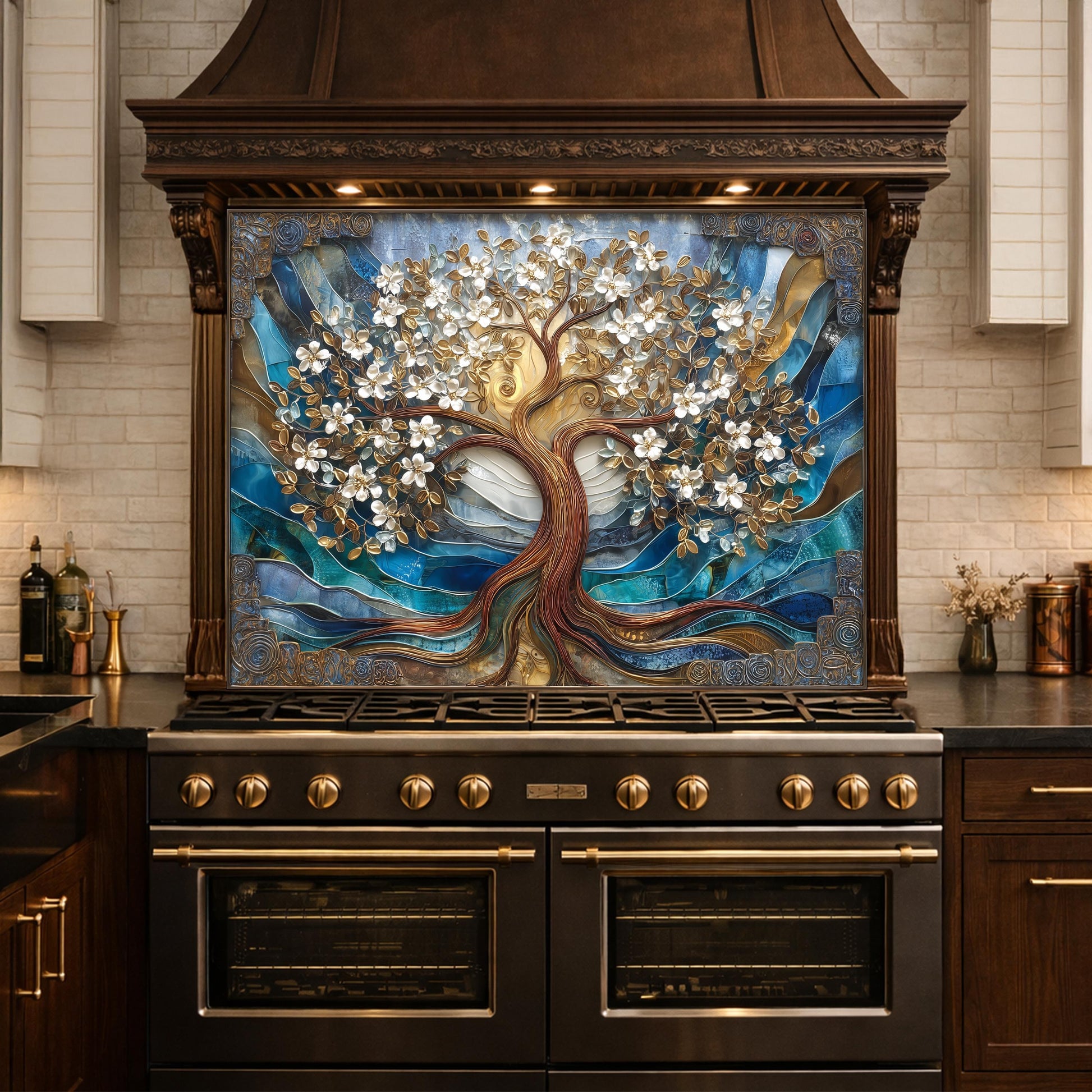Tempered Glass Tree of Life Kitchen Panel, Blue Gold Floral Mosaic Splashback Behind Stove