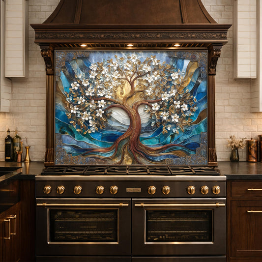 Tempered Glass Tree of Life Kitchen Panel, Blue Gold Floral Mosaic Splashback Behind Stove