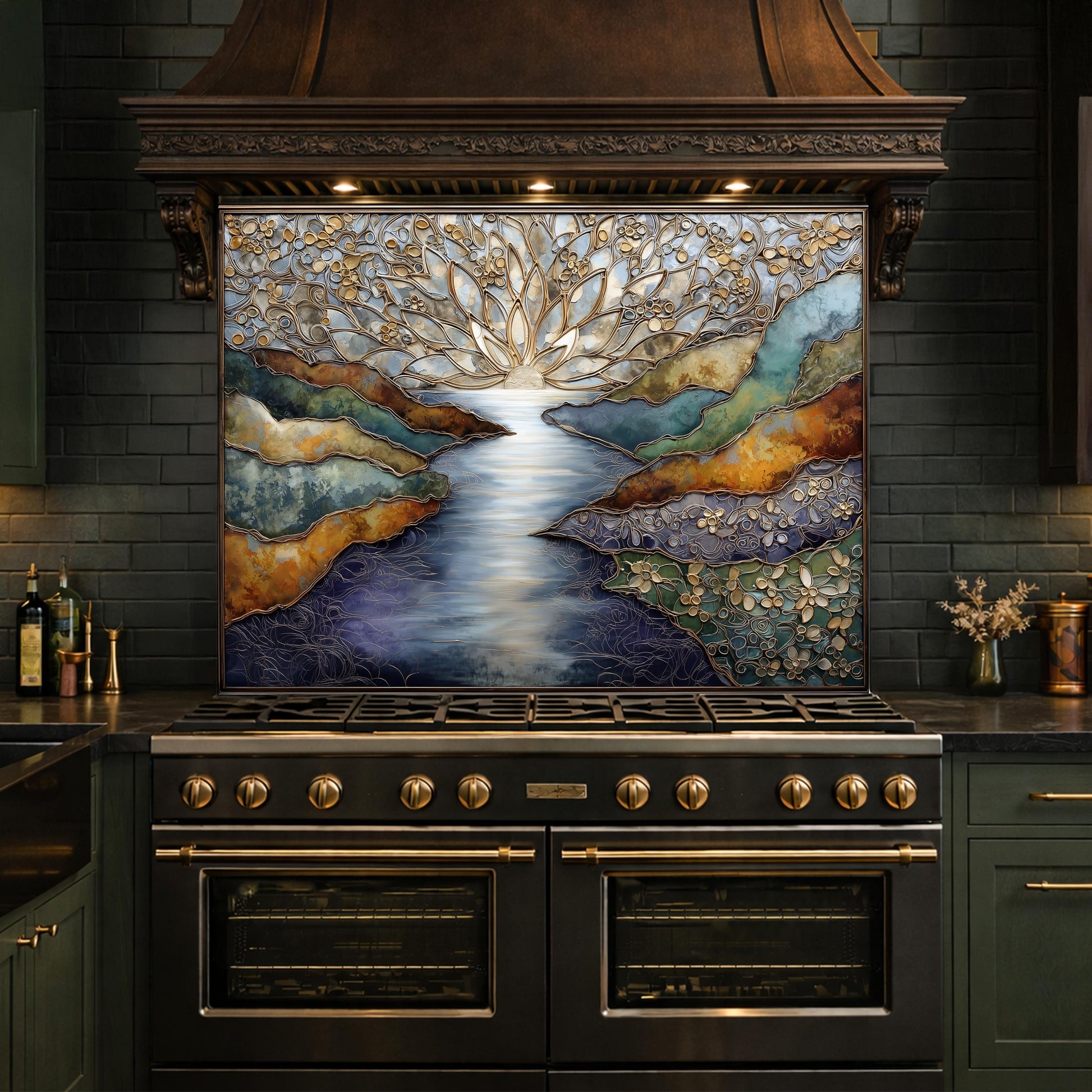 Abstract Landscape Kitchen Panel, Tempered Glass Wall Decor, Blue Gold Mosaic Splashback
