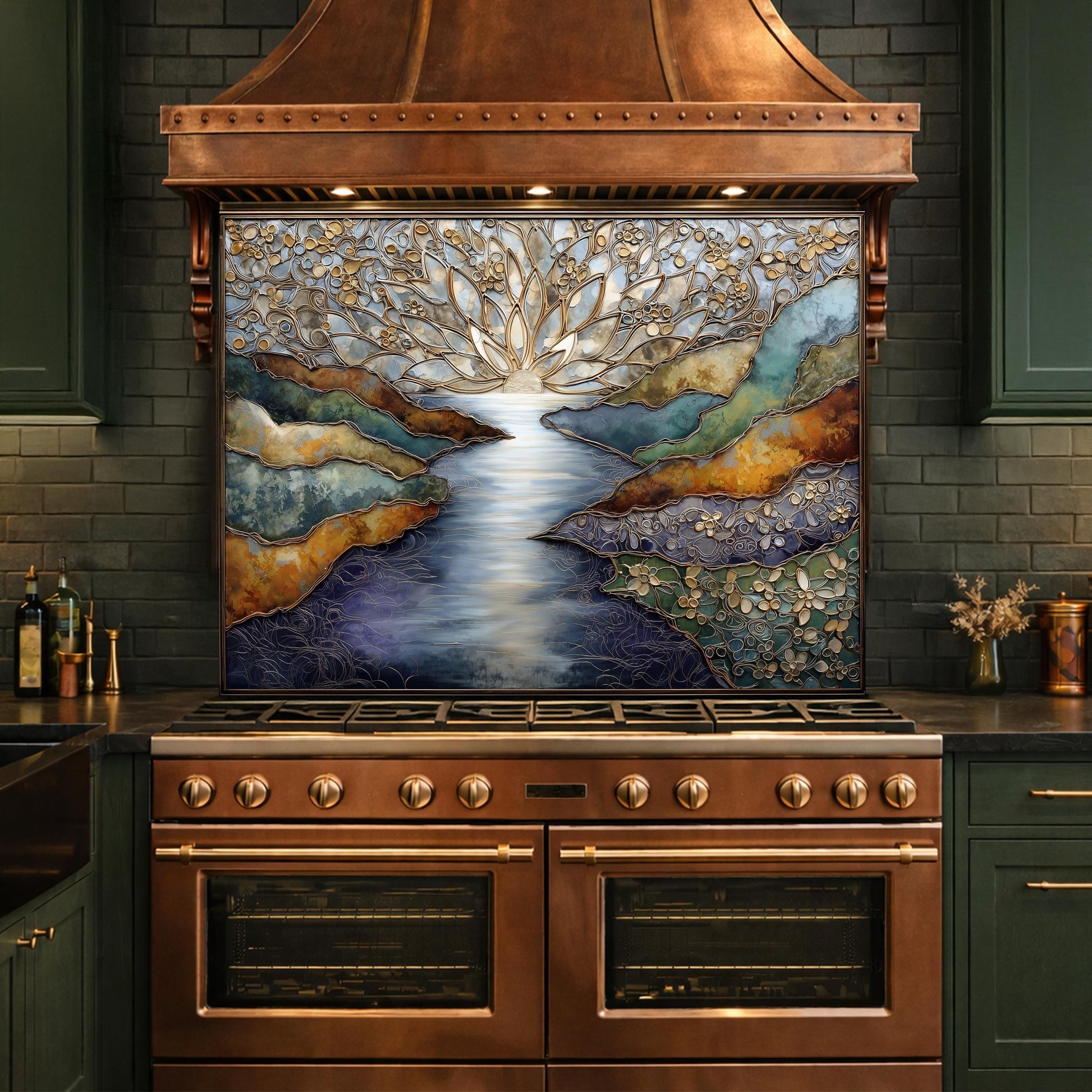 Abstract Landscape Kitchen Panel, Tempered Glass Wall Decor, Blue Gold Mosaic Splashback