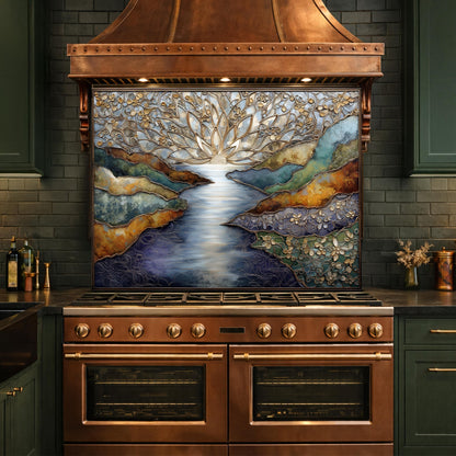 Abstract Landscape Kitchen Panel, Tempered Glass Wall Decor, Blue Gold Mosaic Splashback