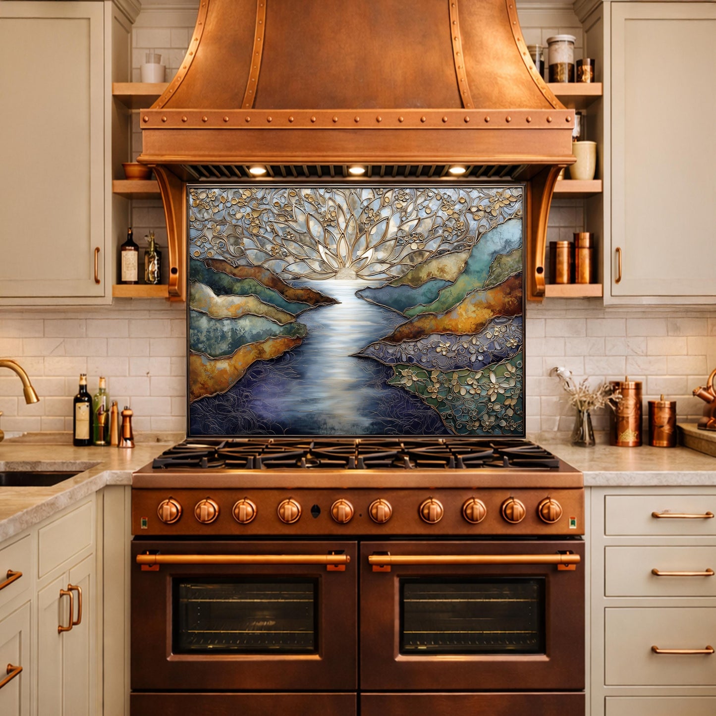 Abstract Landscape Kitchen Panel, Tempered Glass Wall Decor, Blue Gold Mosaic Splashback