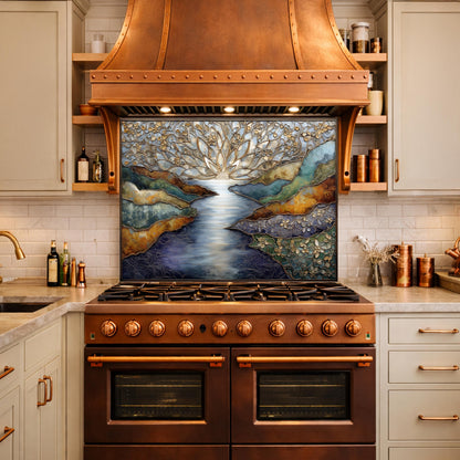Abstract Landscape Kitchen Panel, Tempered Glass Wall Decor, Blue Gold Mosaic Splashback