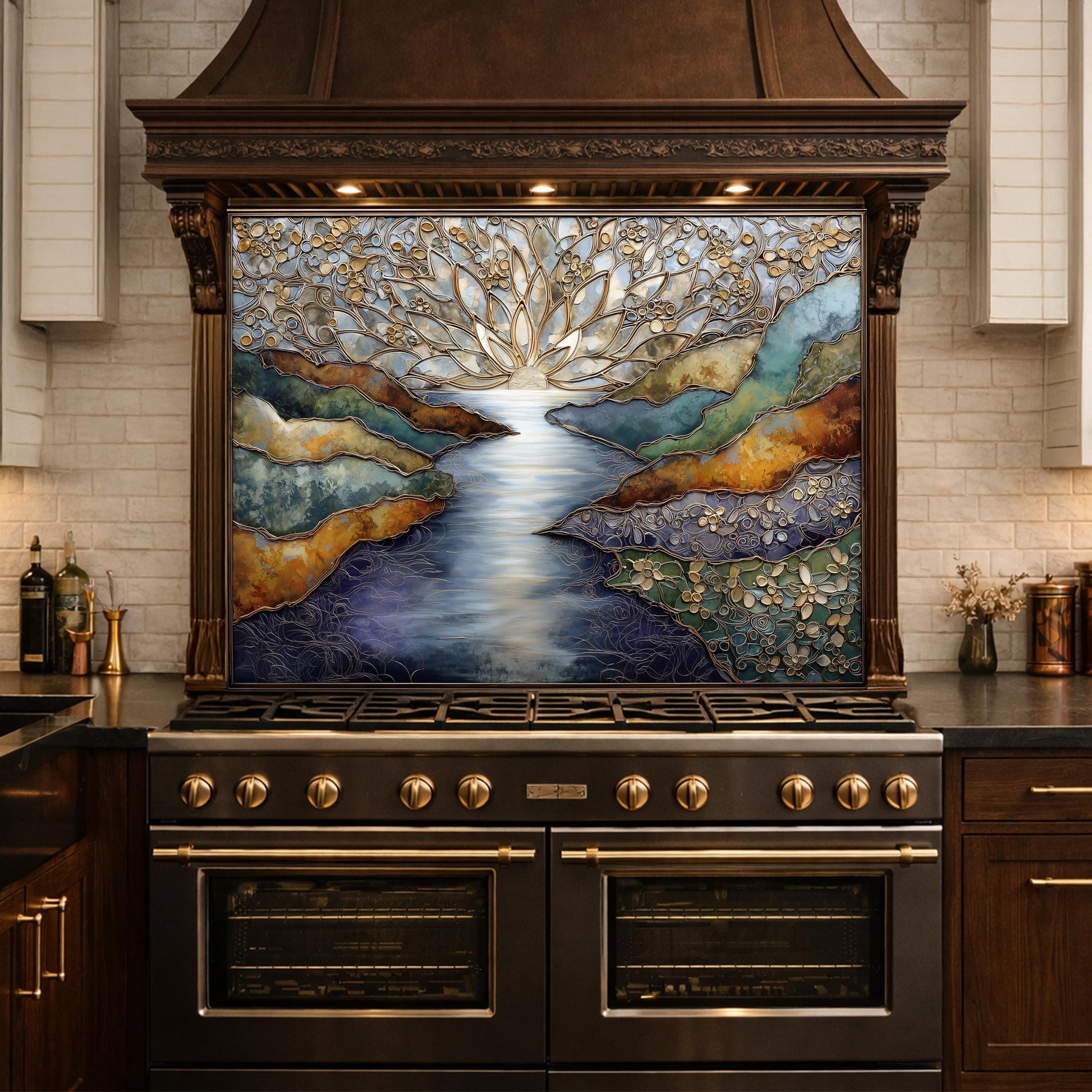 Abstract Landscape Kitchen Panel, Tempered Glass Wall Decor, Blue Gold Mosaic Splashback