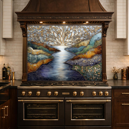 Abstract Landscape Kitchen Panel, Tempered Glass Wall Decor, Blue Gold Mosaic Splashback