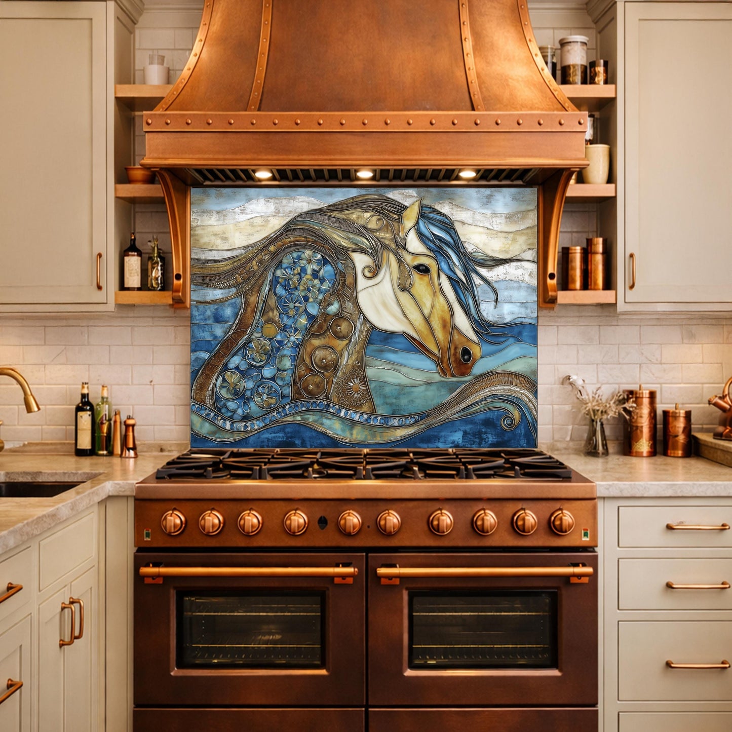 Abstract Horse Glass Backsplash, Artistic Kitchen Backsplash Behind Stove Decor