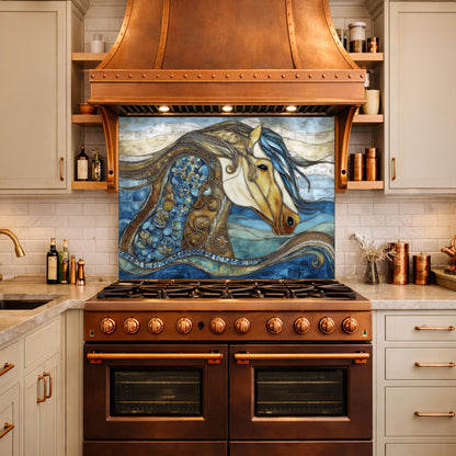 Abstract Horse Glass Backsplash, Artistic Kitchen Backsplash Behind Stove Decor
