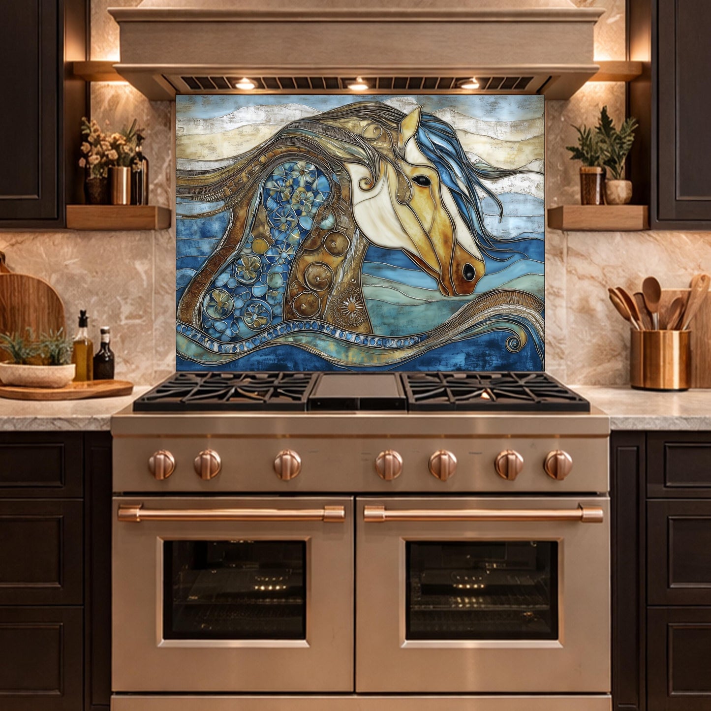 Abstract Horse Glass Backsplash, Artistic Kitchen Backsplash Behind Stove Decor