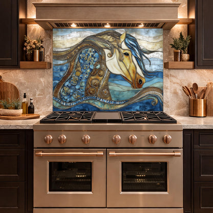 Abstract Horse Glass Backsplash, Artistic Kitchen Backsplash Behind Stove Decor