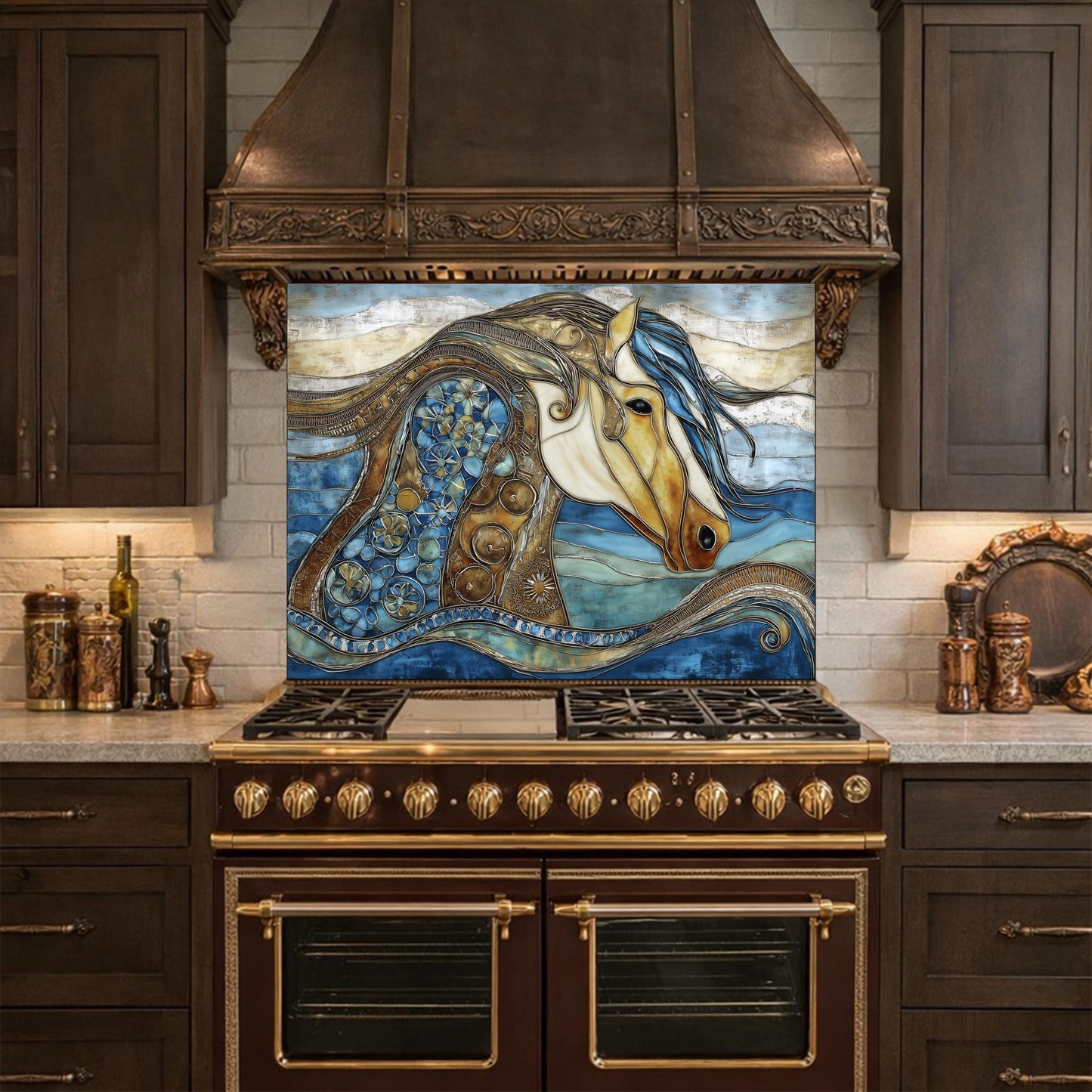 Abstract Horse Glass Backsplash, Artistic Kitchen Backsplash Behind Stove Decor