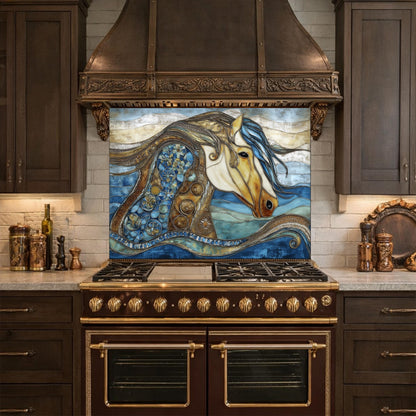 Abstract Horse Glass Backsplash, Artistic Kitchen Backsplash Behind Stove Decor