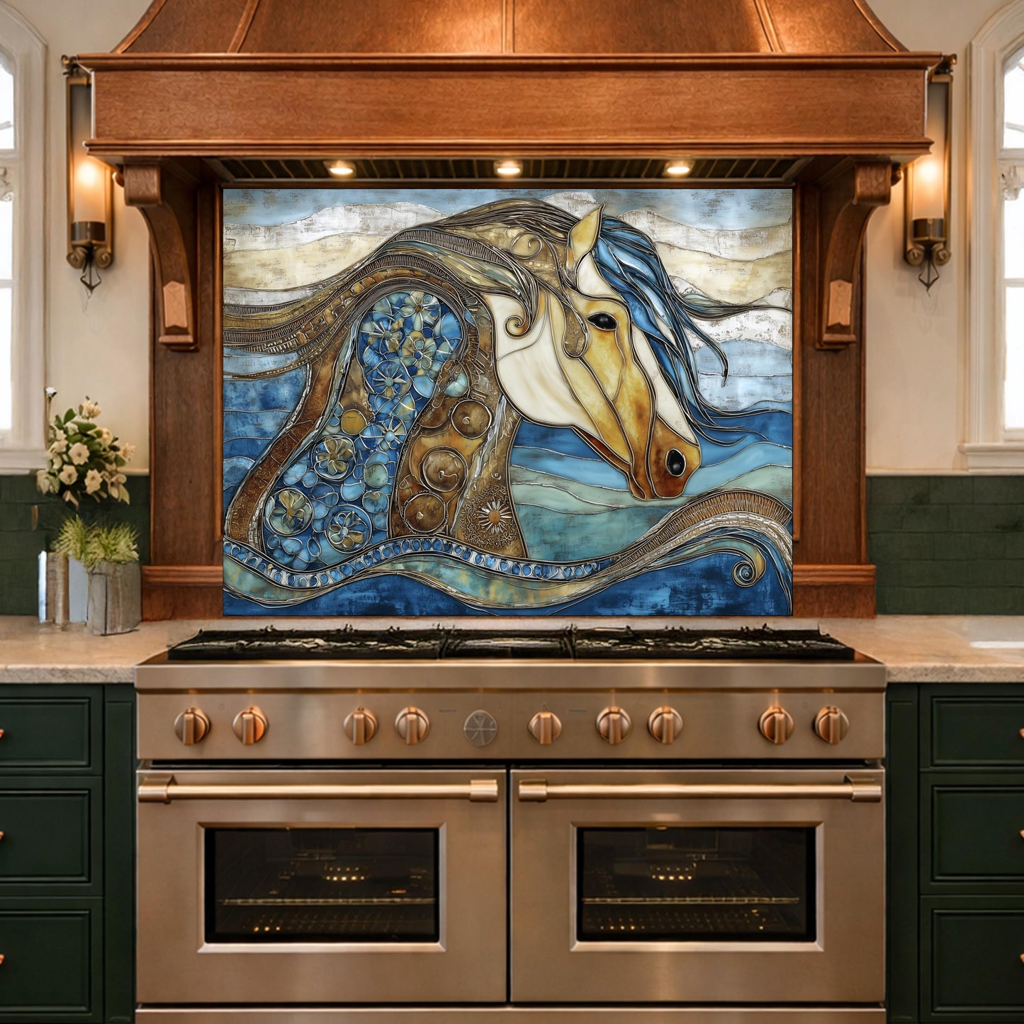 Abstract Horse Glass Backsplash, Artistic Kitchen Backsplash Behind Stove Decor