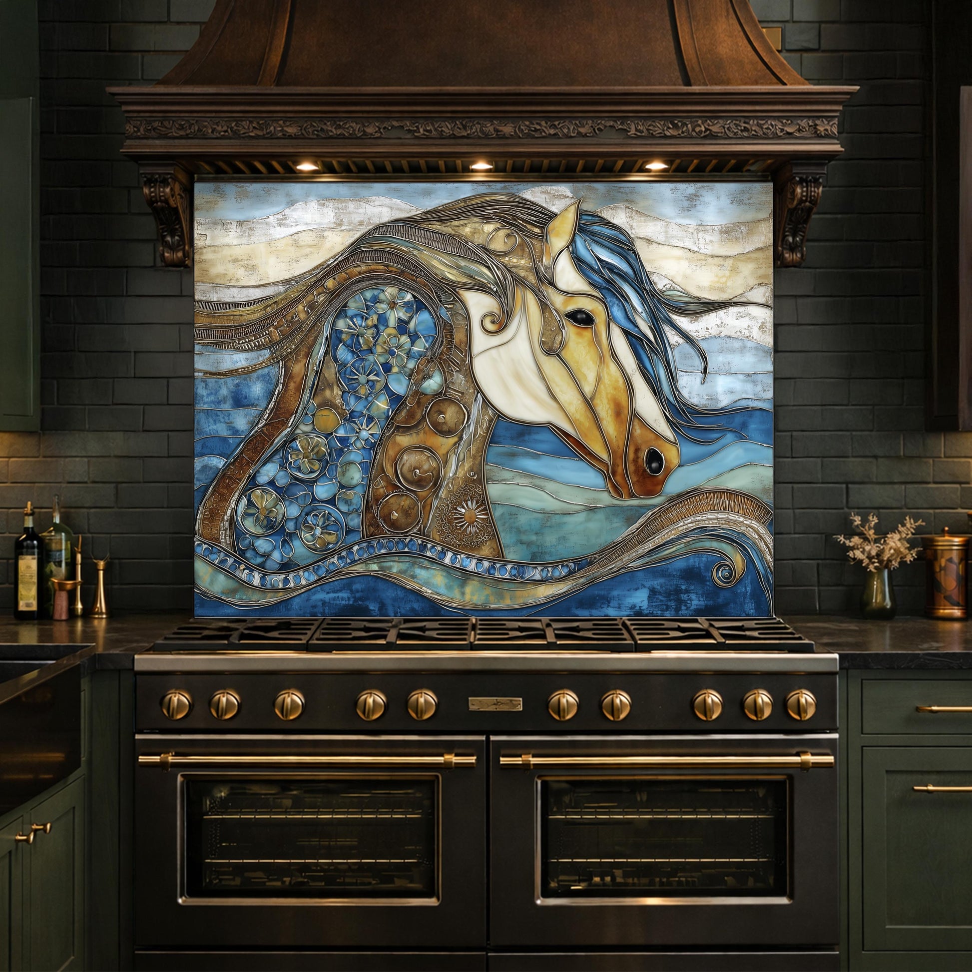 Abstract Horse Glass Backsplash, Artistic Kitchen Backsplash Behind Stove Decor
