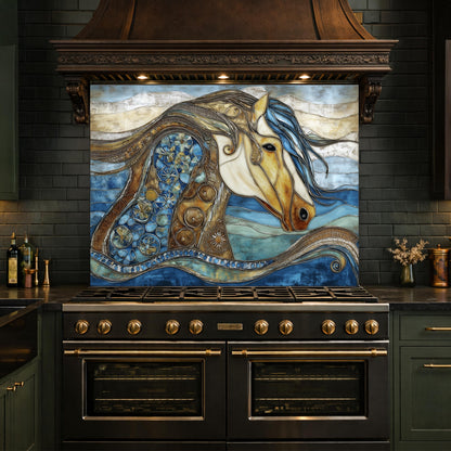 Abstract Horse Glass Backsplash, Artistic Kitchen Backsplash Behind Stove Decor