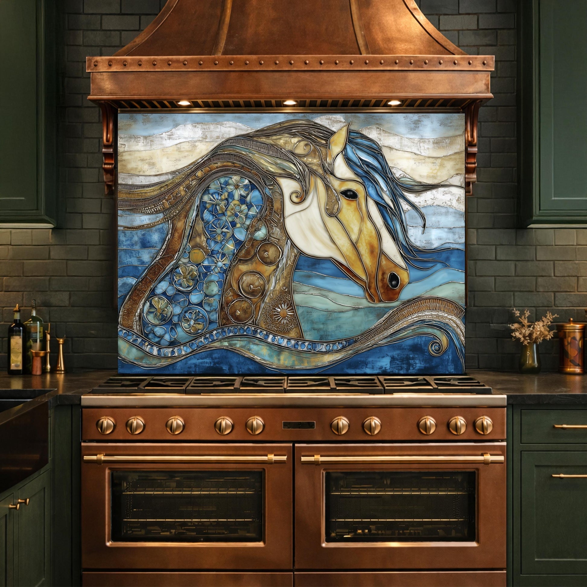 Abstract Horse Glass Backsplash, Artistic Kitchen Backsplash Behind Stove Decor