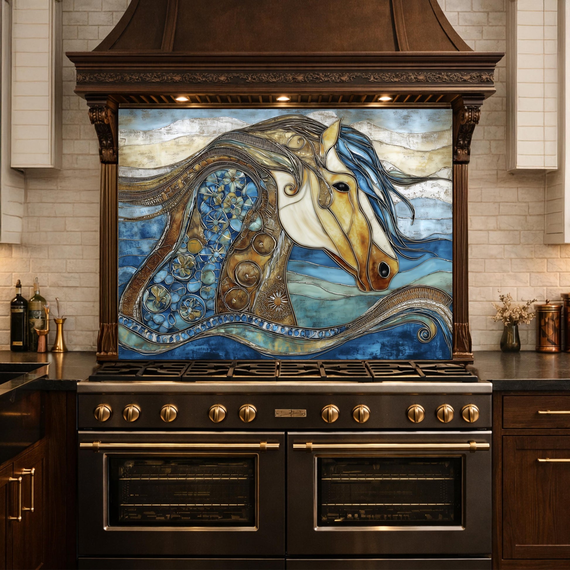 Abstract Horse Glass Backsplash, Artistic Kitchen Backsplash Behind Stove Decor