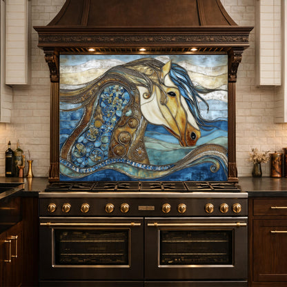 Abstract Horse Glass Backsplash, Artistic Kitchen Backsplash Behind Stove Decor