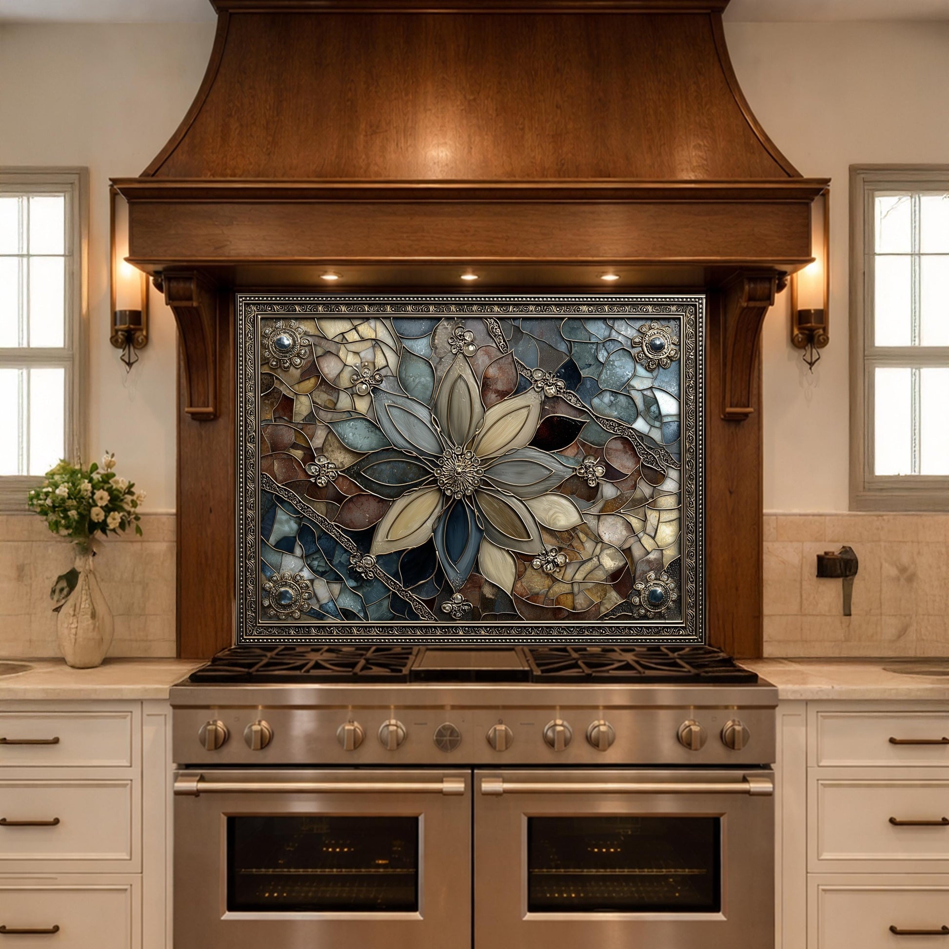 Floral Stained Glass Kitchen Backsplash, Luxury Mosaic Panel Behind Stove Wall Decor