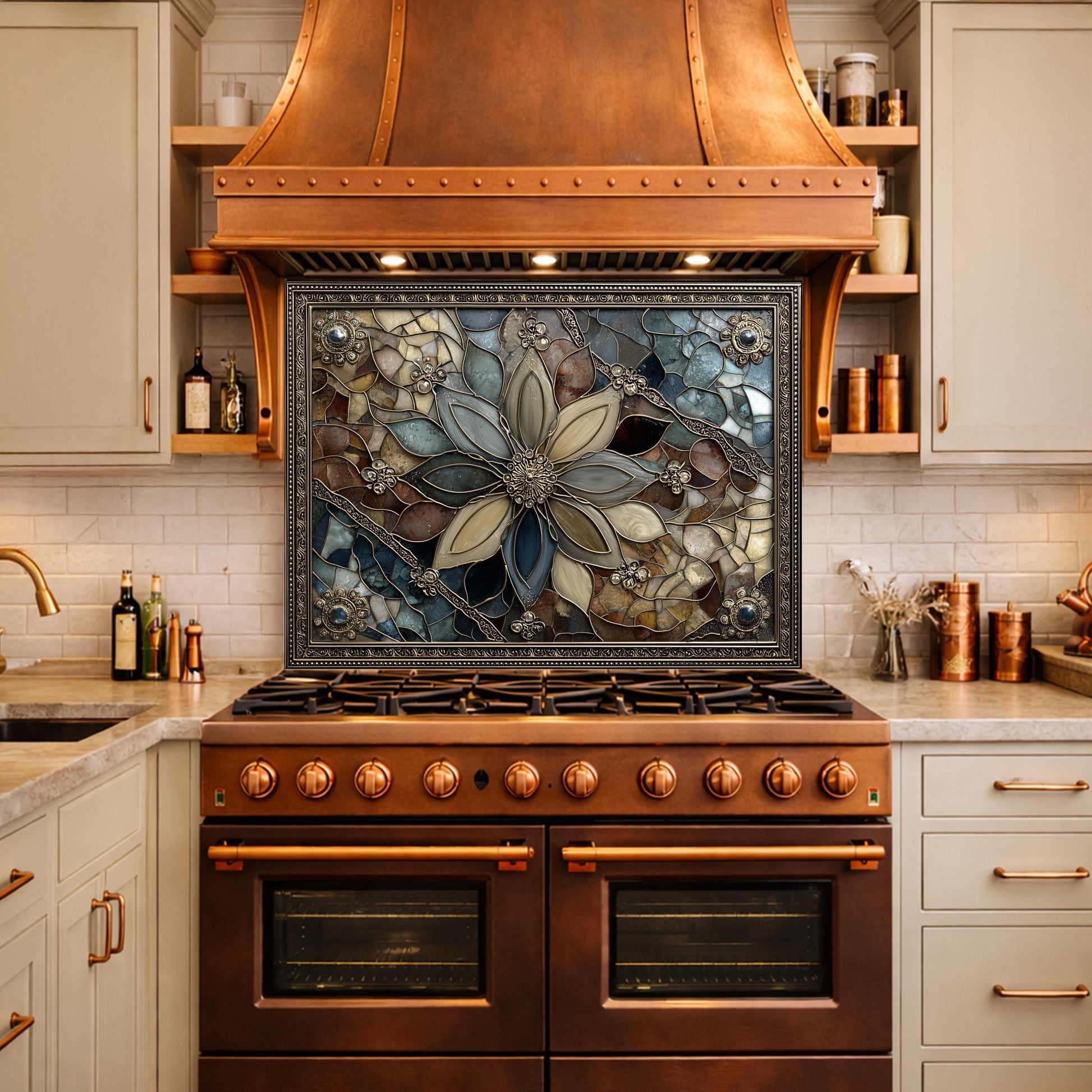 Floral Stained Glass Kitchen Backsplash, Luxury Mosaic Panel Behind Stove Wall Decor