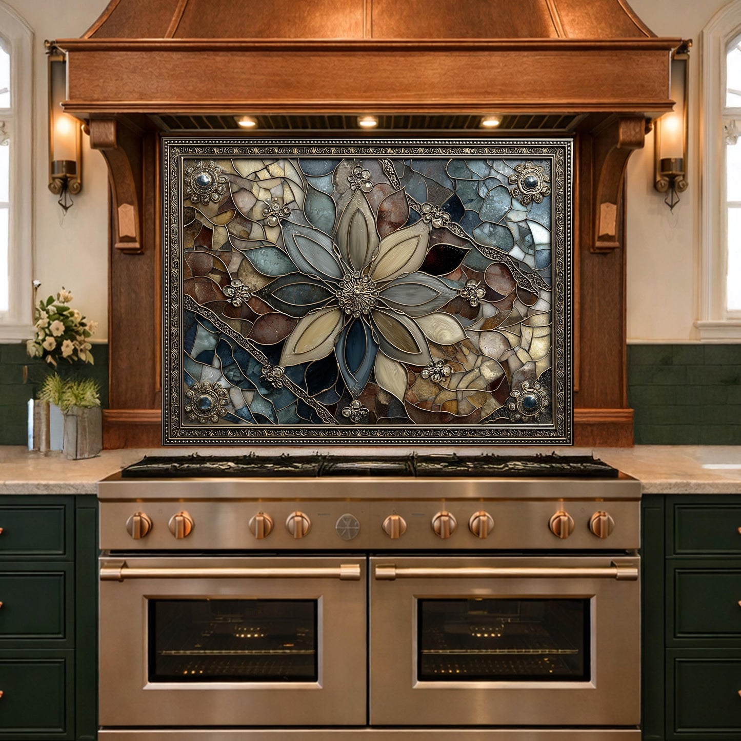 Floral Stained Glass Kitchen Backsplash, Luxury Mosaic Panel Behind Stove Wall Decor