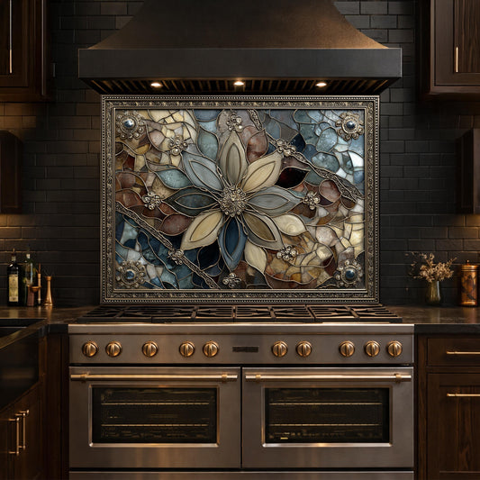 Floral Stained Glass Kitchen Backsplash, Luxury Mosaic Panel Behind Stove Wall Decor