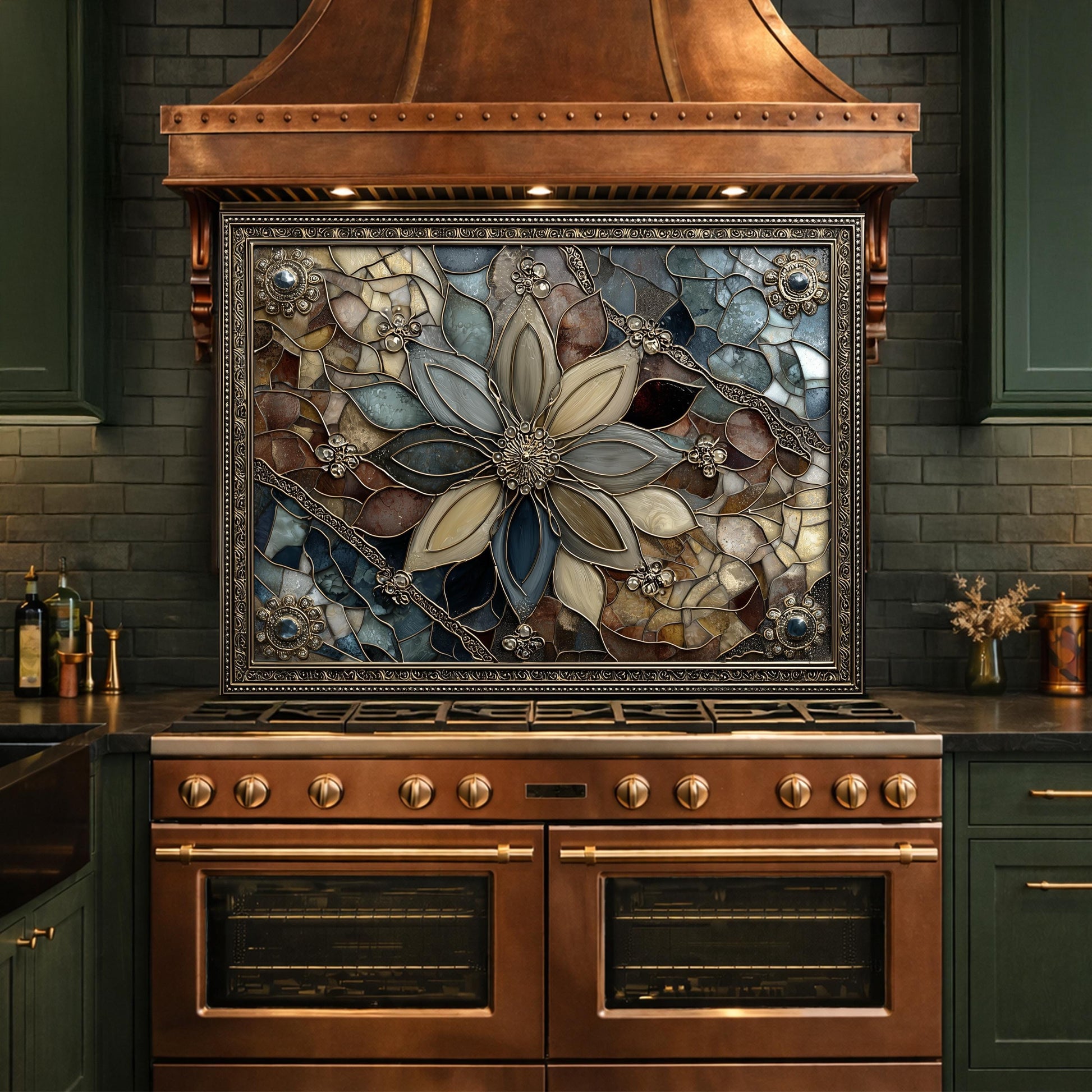 Floral Stained Glass Kitchen Backsplash, Luxury Mosaic Panel Behind Stove Wall Decor