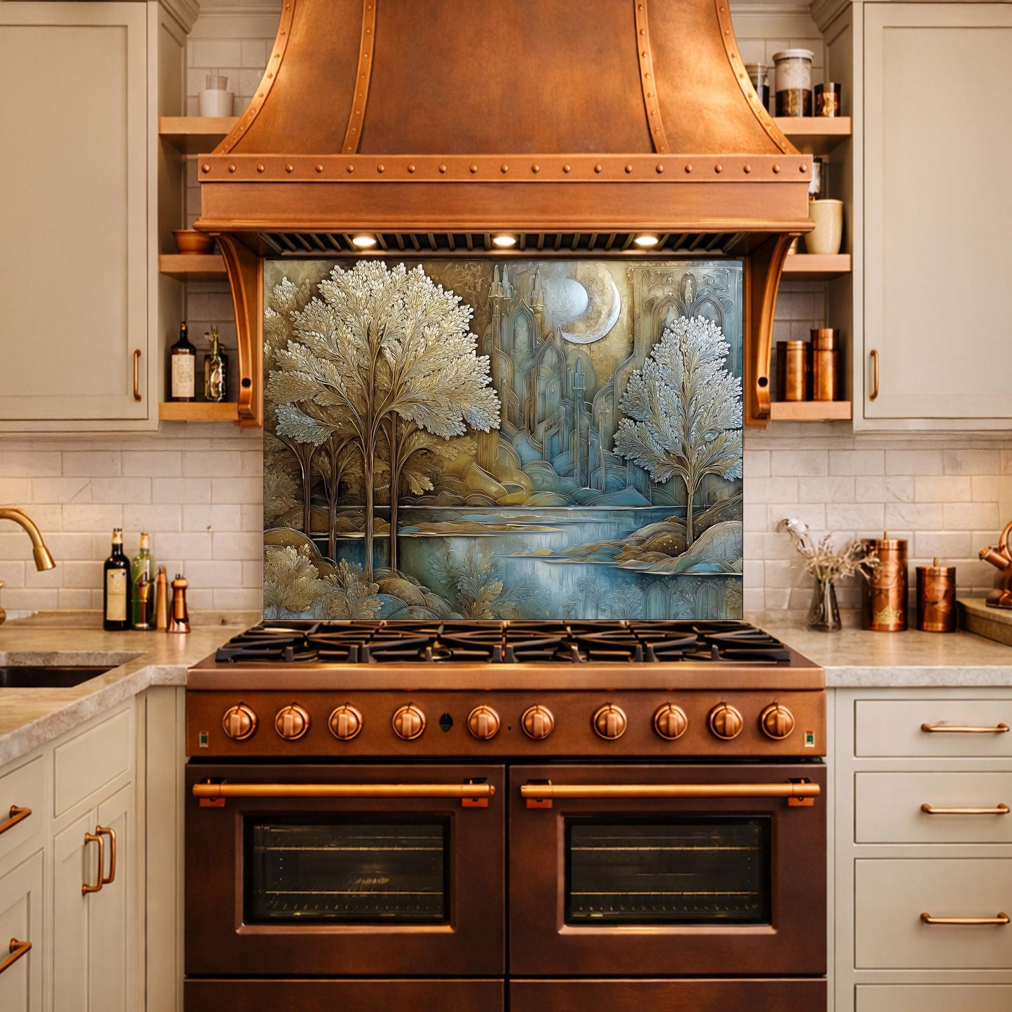 Tree of Life Kitchen Backsplash, Glass Panel Behind Stove, Fantasy Forest Wall Decor