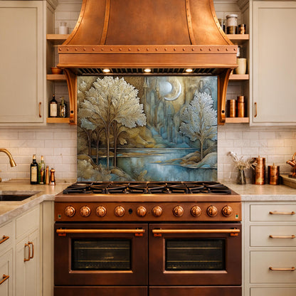 Tree of Life Kitchen Backsplash, Glass Panel Behind Stove, Fantasy Forest Wall Decor