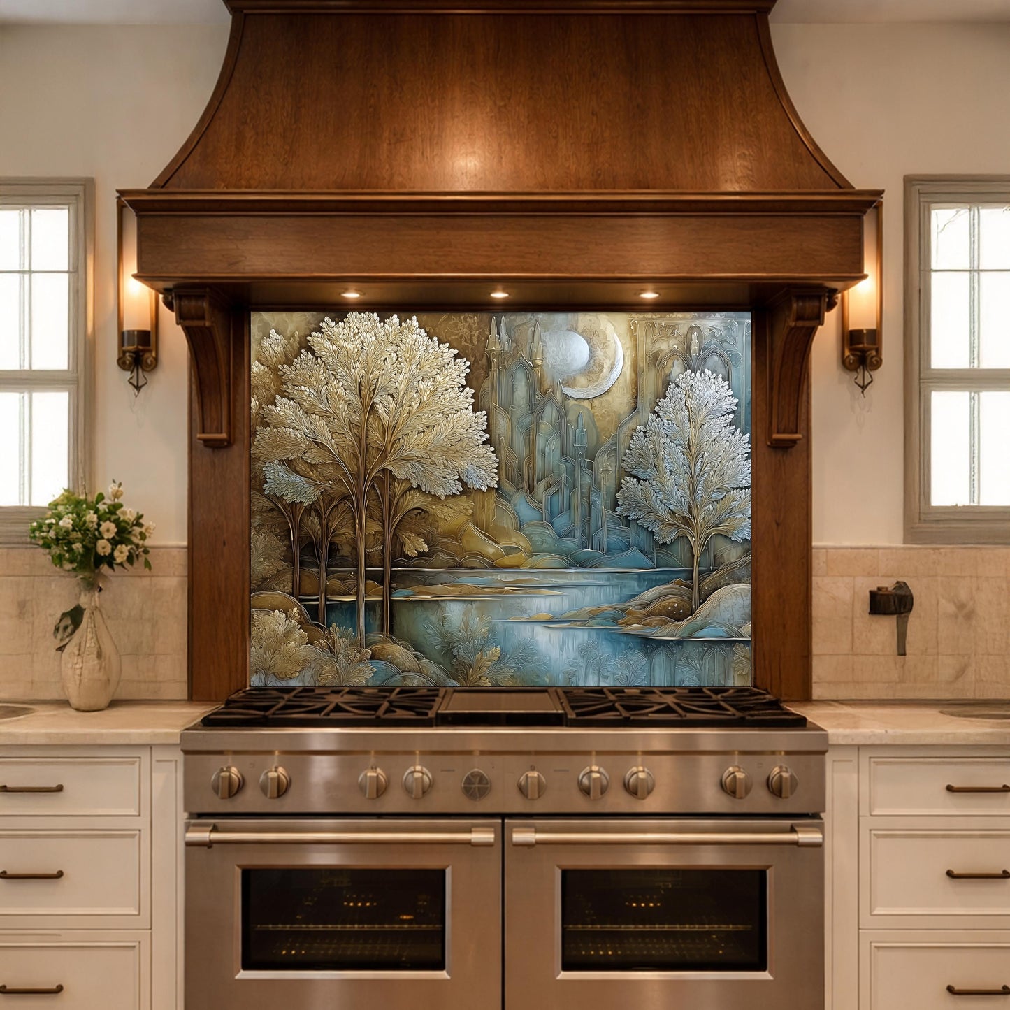 Tree of Life Kitchen Backsplash, Glass Panel Behind Stove, Fantasy Forest Wall Decor