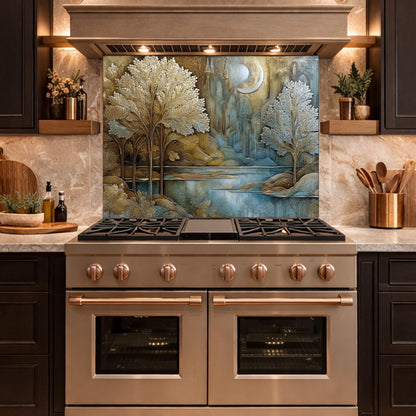 Tree of Life Kitchen Backsplash, Glass Panel Behind Stove, Fantasy Forest Wall Decor