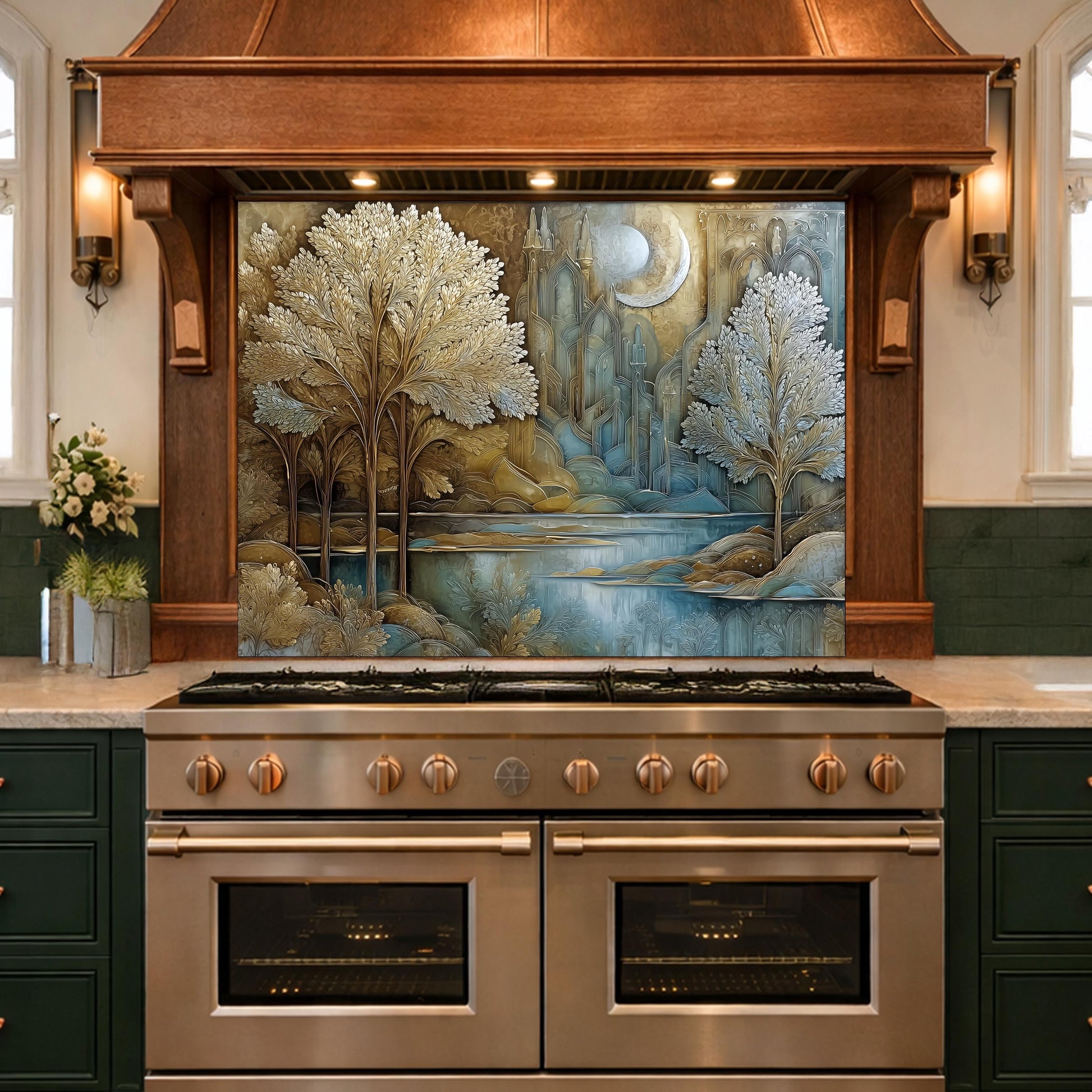 Tree of Life Kitchen Backsplash, Glass Panel Behind Stove, Fantasy Forest Wall Decor