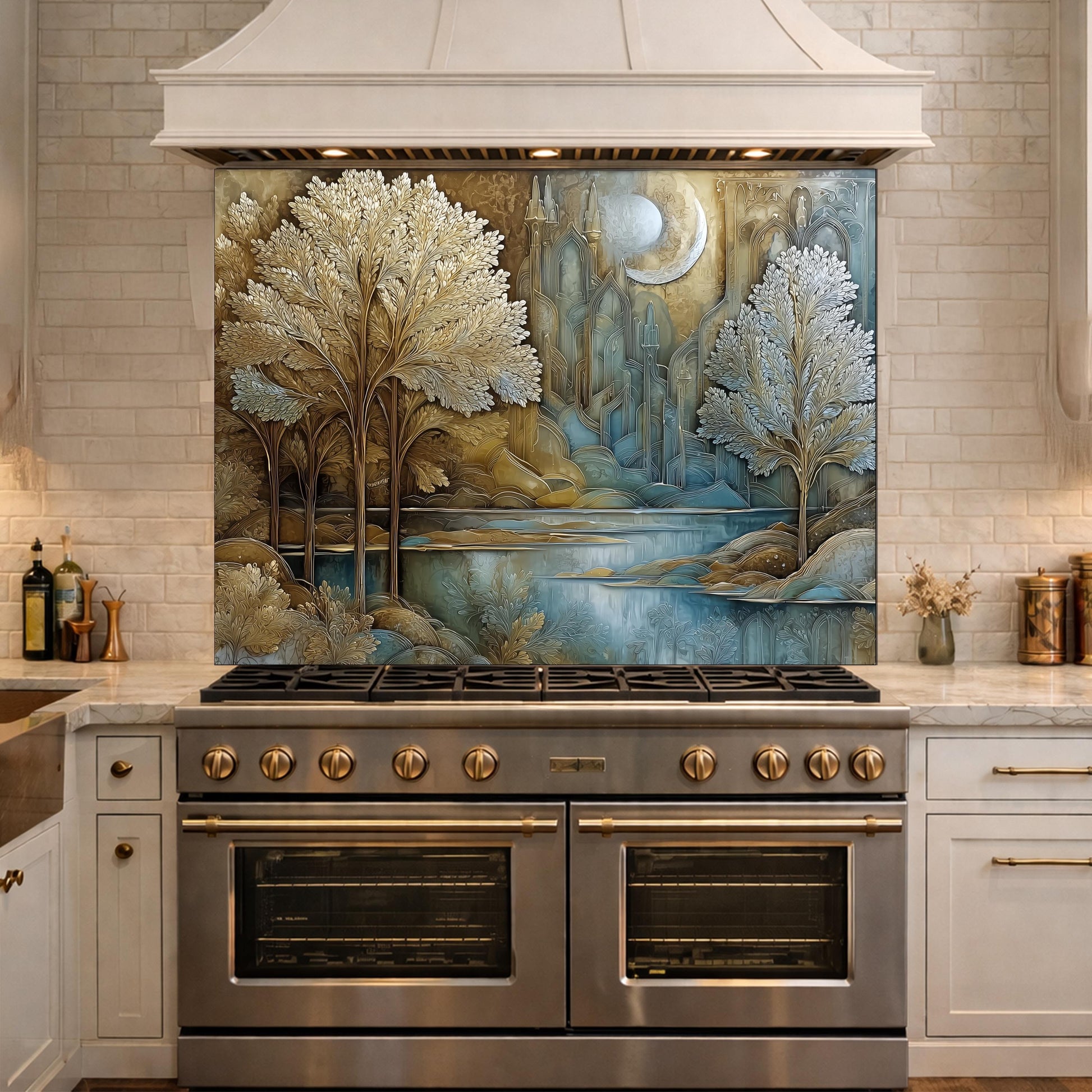 Tree of Life Kitchen Backsplash, Glass Panel Behind Stove, Fantasy Forest Wall Decor