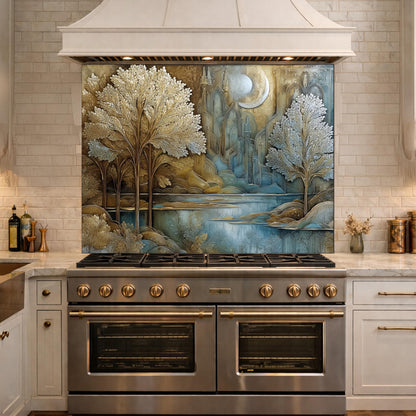 Tree of Life Kitchen Backsplash, Glass Panel Behind Stove, Fantasy Forest Wall Decor