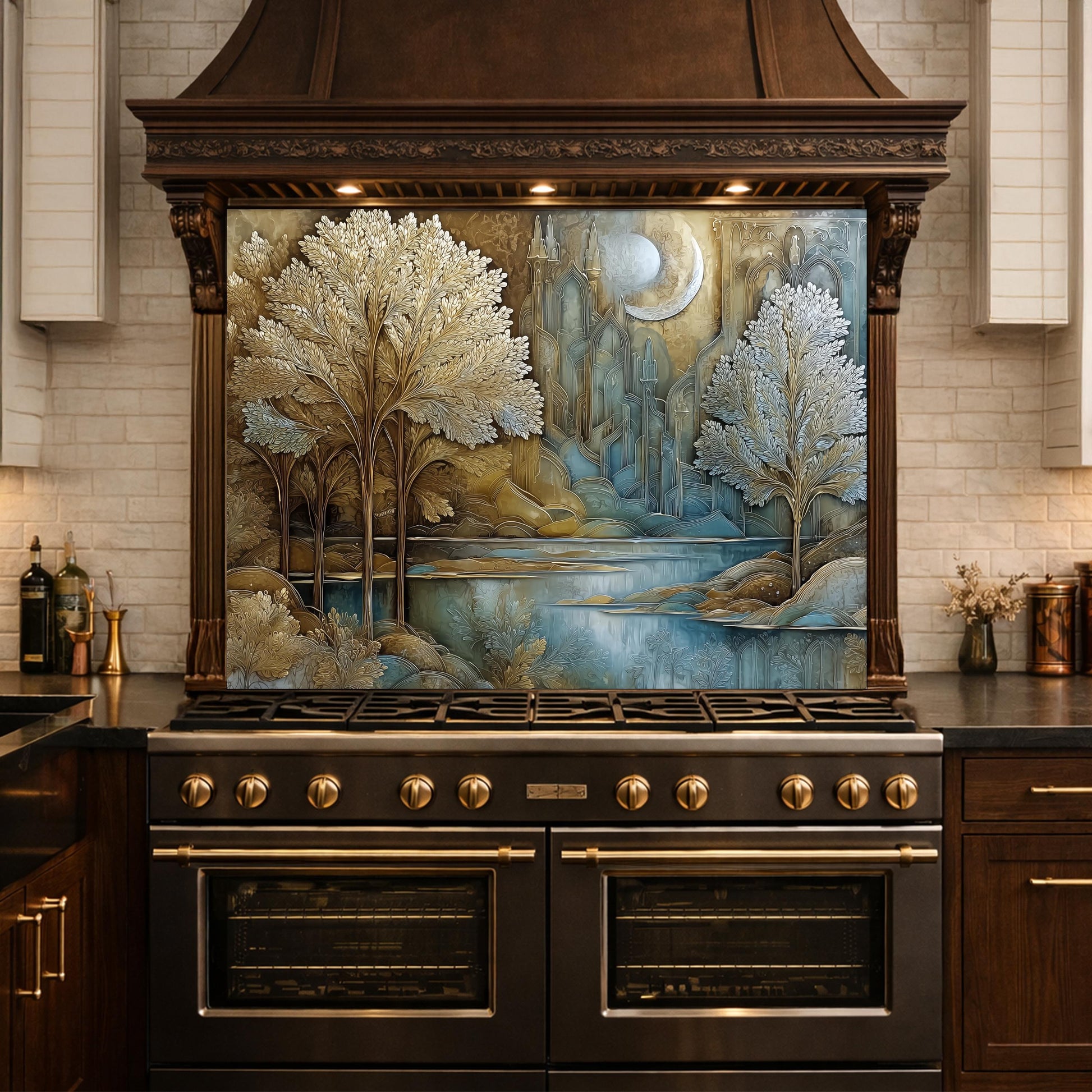 Tree of Life Kitchen Backsplash, Glass Panel Behind Stove, Fantasy Forest Wall Decor