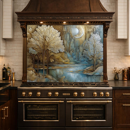 Tree of Life Kitchen Backsplash, Glass Panel Behind Stove, Fantasy Forest Wall Decor