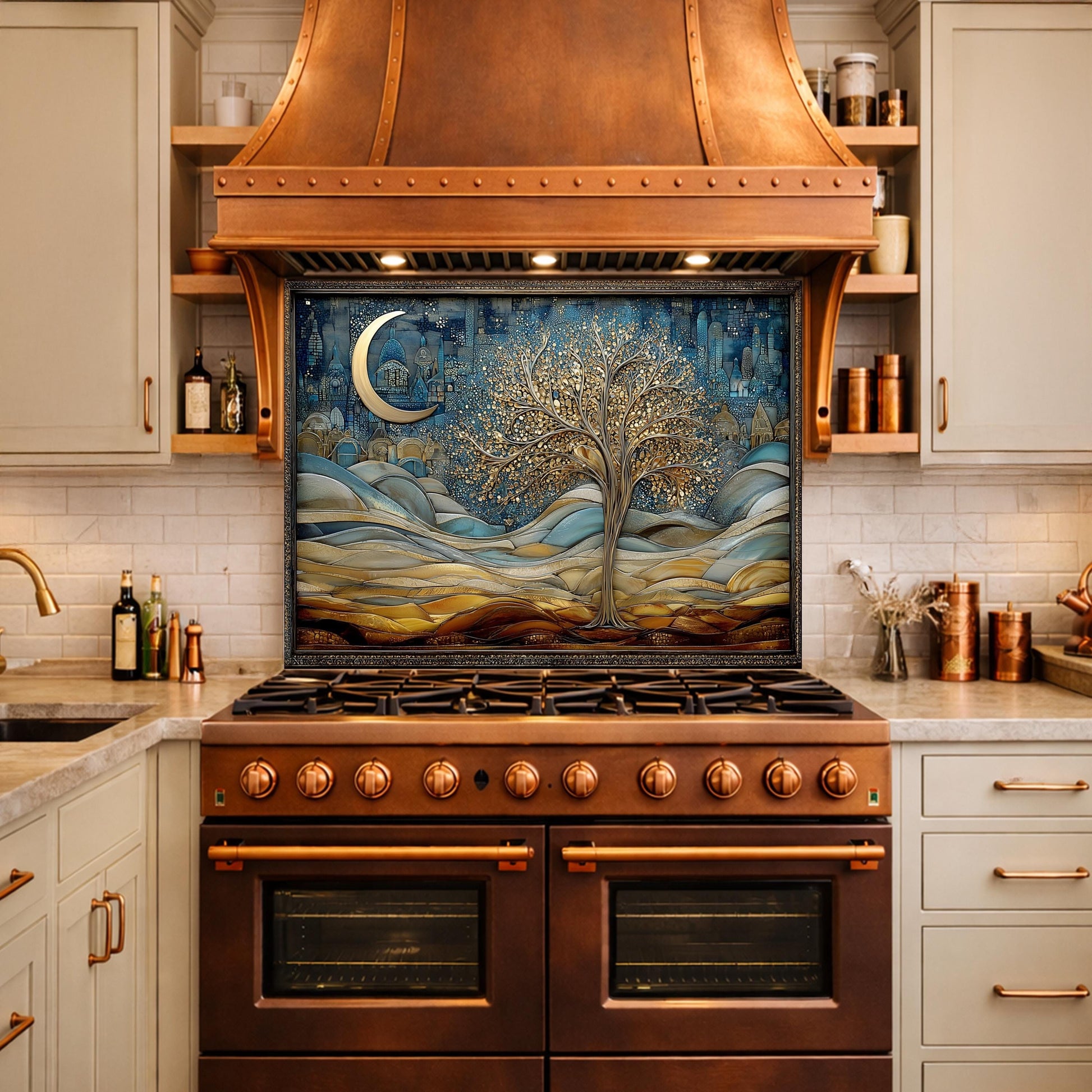 Tree of Life Kitchen Backsplash, Glass Panel Behind Stove, Moon Night Wall Decor