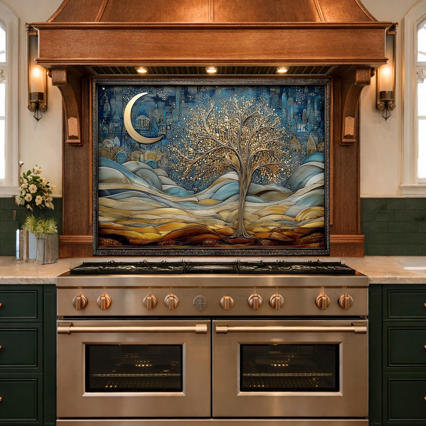 Tree of Life Kitchen Backsplash, Glass Panel Behind Stove, Moon Night Wall Decor