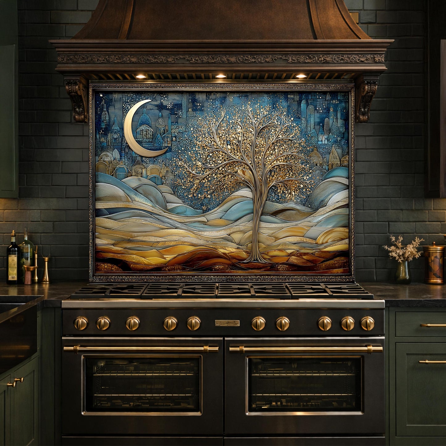 Tree of Life Kitchen Backsplash, Glass Panel Behind Stove, Moon Night Wall Decor