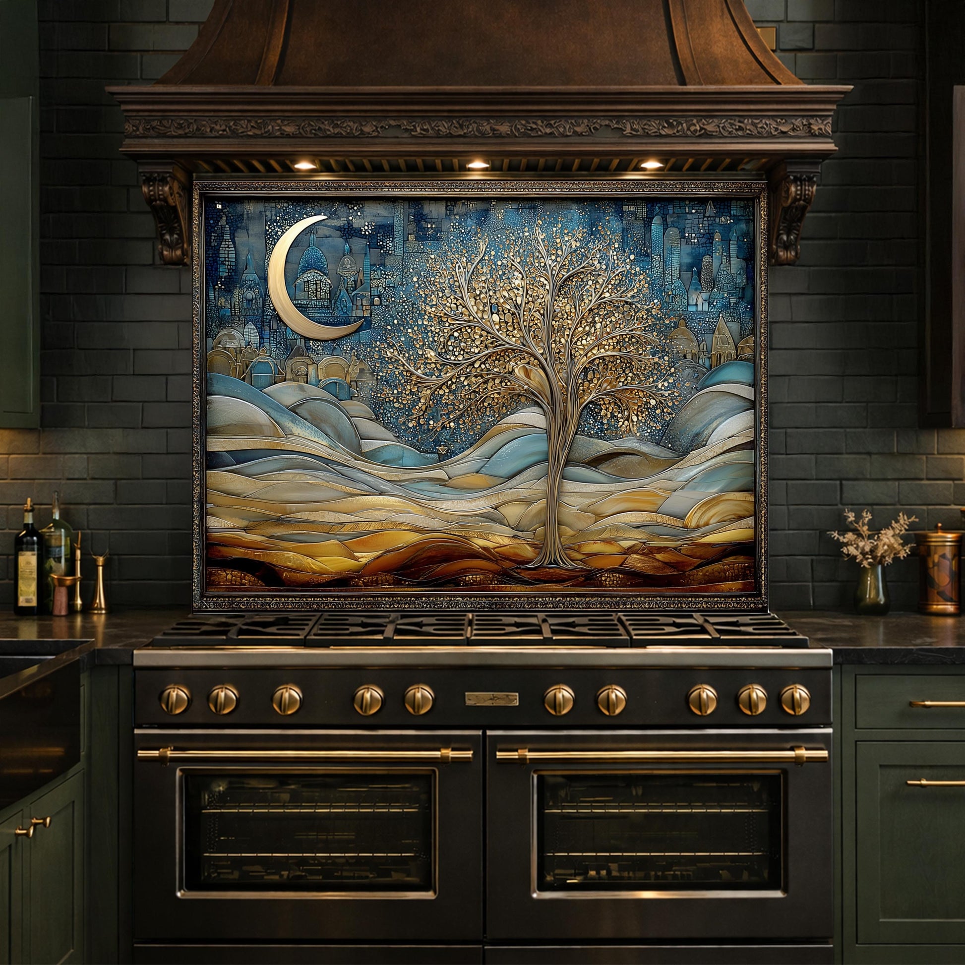 Tree of Life Kitchen Backsplash, Glass Panel Behind Stove, Moon Night Wall Decor