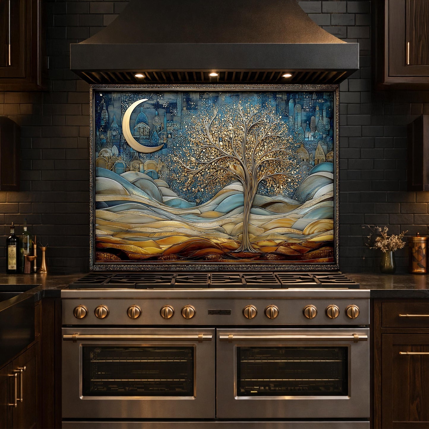 Tree of Life Kitchen Backsplash, Glass Panel Behind Stove, Moon Night Wall Decor