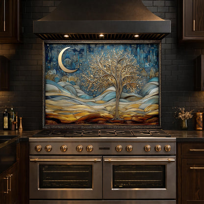 Tree of Life Kitchen Backsplash, Glass Panel Behind Stove, Moon Night Wall Decor