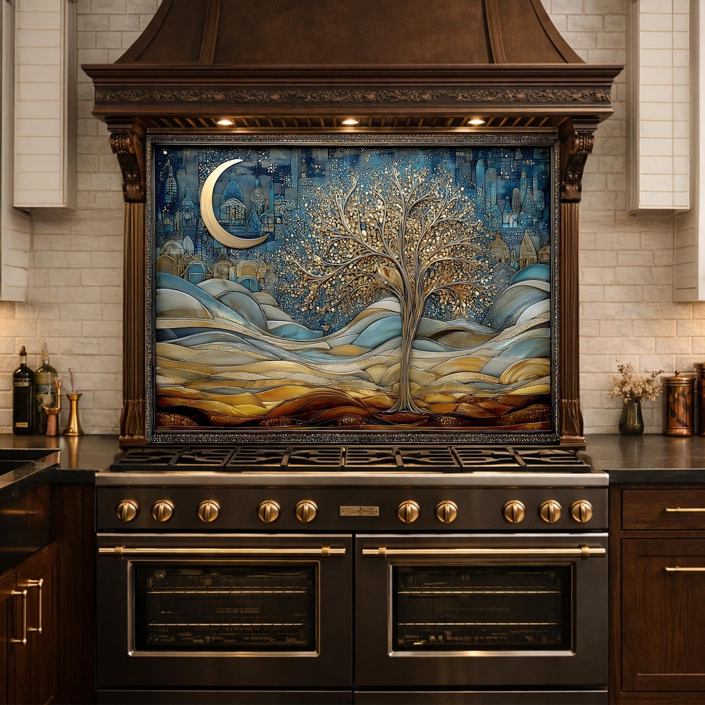 Tree of Life Kitchen Backsplash, Glass Panel Behind Stove, Moon Night Wall Decor