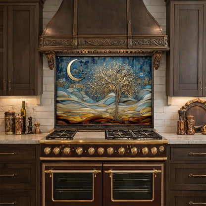 Tree of Life Kitchen Backsplash, Glass Panel Behind Stove, Moon Night Wall Decor