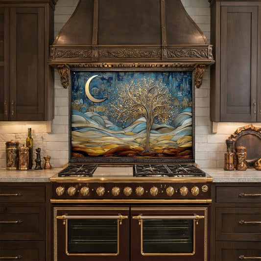 Tree of Life Kitchen Backsplash, Glass Panel Behind Stove, Moon Night Wall Decor
