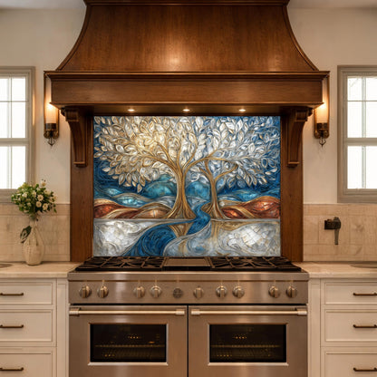 Tree of Life Kitchen Backsplash, Glass Panel Behind Stove, Blue Gold Abstract Wall Decor