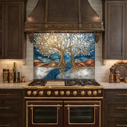 Tree of Life Kitchen Backsplash, Glass Panel Behind Stove, Blue Gold Abstract Wall Decor
