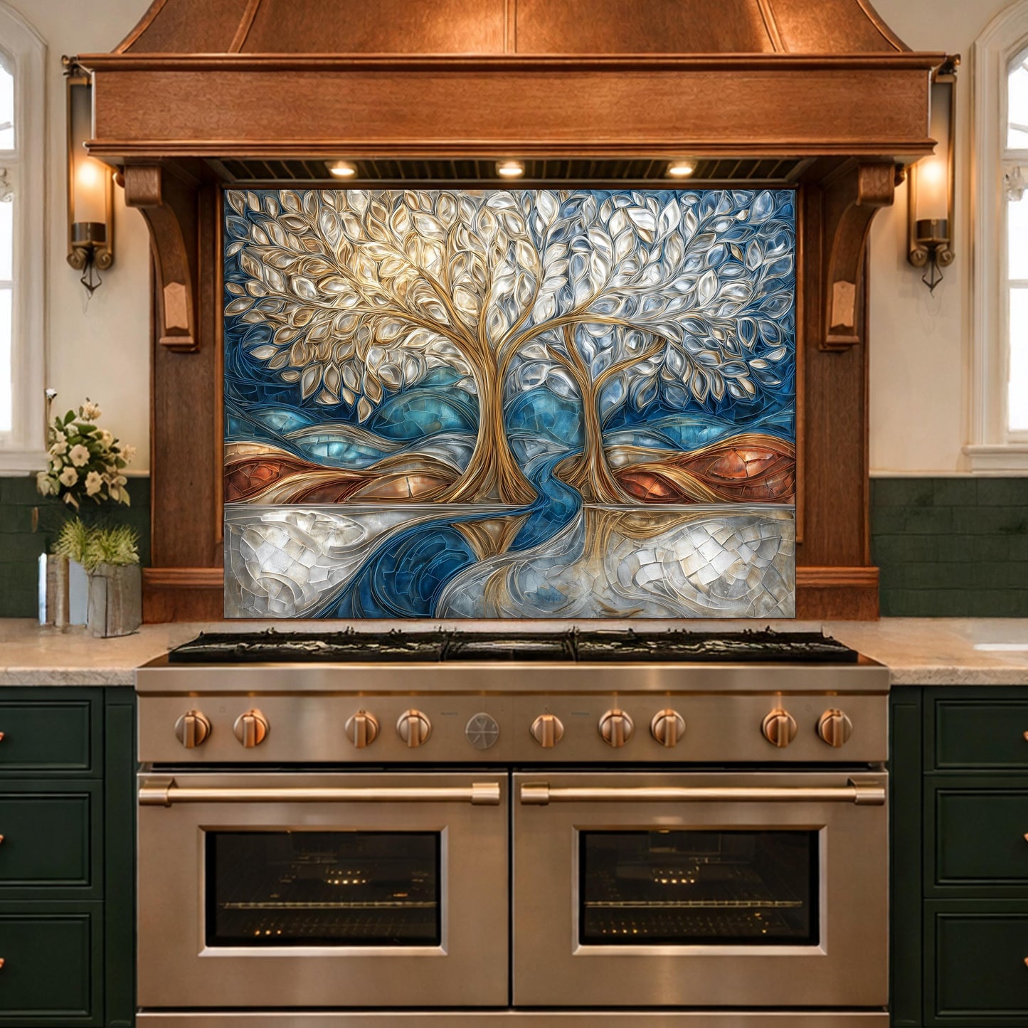 Tree of Life Kitchen Backsplash, Glass Panel Behind Stove, Blue Gold Abstract Wall Decor